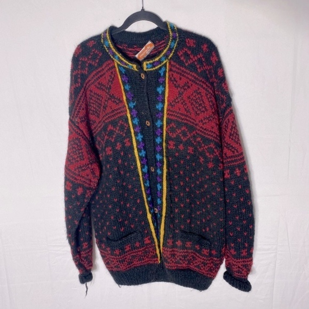 Vintage Namaste Woolens Handmade Wool Jacquard Knit Crew Neck Cardigan XL